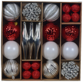 Decoris Kerstballen en ornamenten set - 46-delig - rood/wit/zilver - kunststof - kerstversiering