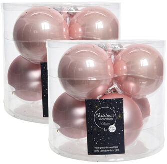 Decoris Kerstballen - glas - 12x stuks - lichtroze - 8 cm - kerstversiering