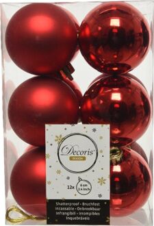 Decoris Kerstballen kunststof rood dia 6cm 12dlg