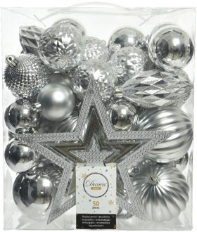 Decoris Kerstballen met piek - 49x st - kunststof zilver - 5-6-8-10cm - Kerstbal Zilverkleurig