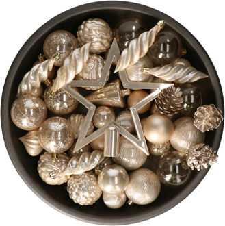 Decoris kerstballen, ornamenten en piek set - 60-delig - champagne - kunststof