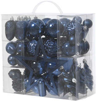 Decoris kerstballen, ornamenten en piek set - 60-delig - donkerblauw - kunststof