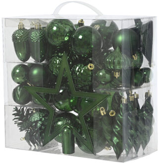 Decoris kerstballen, ornamenten en piek set - 60-delig - donkergroen - kunststof