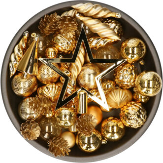 Decoris kerstballen, ornamenten en piek set - 60-delig - goud - kunststof