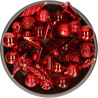 Decoris kerstballen, ornamenten en piek set - 60-delig - rood - kunststof