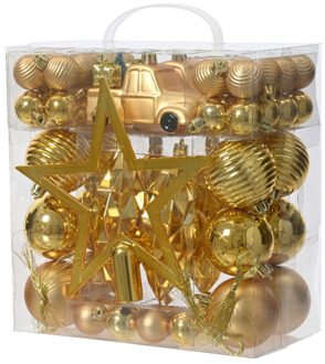 Decoris kerstballen, ornamenten en piek - set -67x-goud-kunststof - Kerstbal Goudkleurig