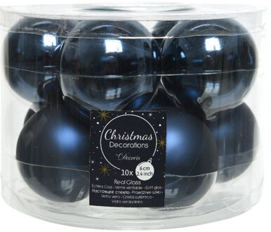 Decoris Kerstballen set - 10x stuks - donkerblauw - glas - 6 cm - glans en mat - kerstversiering - Kerstbal