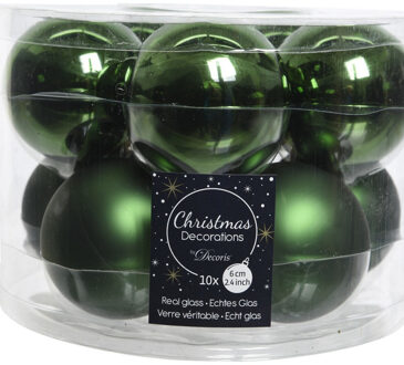 Decoris Kerstballen set - 10x stuks - donkergroen - glas - 6 cm - Kerstbal