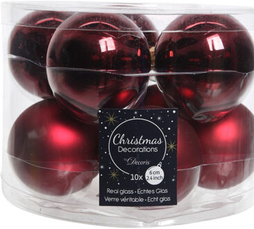 Decoris Kerstballen set - 10x stuks - donkerrood - glas - 6 cm - Kerstbal