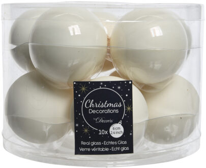 Decoris Kerstballen set - 10x stuks - glas - wol wit - 6 cm - glans/mat - kerstversiering - Kerstbal Crème