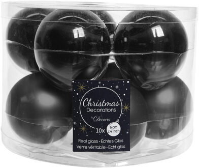 Decoris Kerstballen set - 10x stuks - zwart glas - 6 cm - glans - Kerstbal