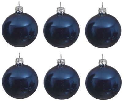 Decoris Kerstballen set - 12x stuks - blauw - glas - 6 cm - glans - kerstversiering - zilveren ophanglintje