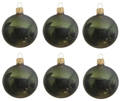 Decoris Kerstballen set - 12x stuks - donker groen - glas - 6 cm - glans - kerstversiering - gouden ophangli