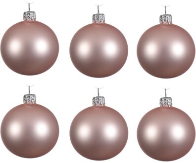 Decoris Kerstballen set - 12x stuks - licht roze - glas - 6 cm - mat - kerstversiering - zilveren ophanglint