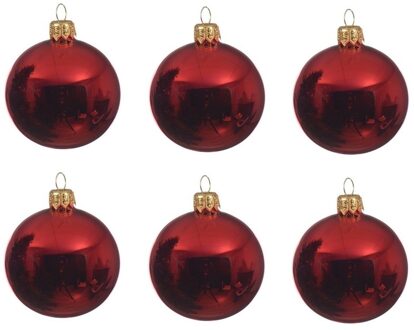 Decoris Kerstballen set - 12x stuks - rood - glas - 6 cm - glans - kerstversiering - met gouden ophanglintje
