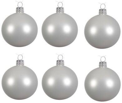 Decoris Kerstballen set - 12x stuks - winter wit - glas - 6 cm - mat - kerstversiering - zilveren ophanglint