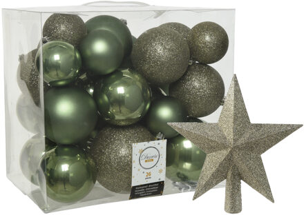 Decoris Kerstballen set 26x stuks kerstballen en ster piek mos groen kunststof - Kerstbal