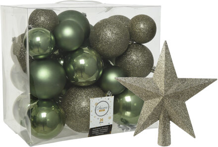 Decoris Kerstballen set 26x stuks kerstballen en ster piek mosgroen kunststof - Kerstbal