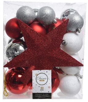 Decoris Kerstballen set - 33-delig - mix - rood - wit - zilverkleurig Multicolor