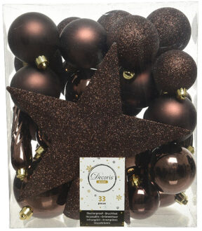 Decoris kerstballen set - 34-dlg - donkerbruin - incl. piek - kunststof - kerstversiering