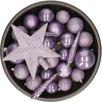 Decoris kerstballen set - 34-dlg - lila paars - incl. piek - kunststof - kerstversiering