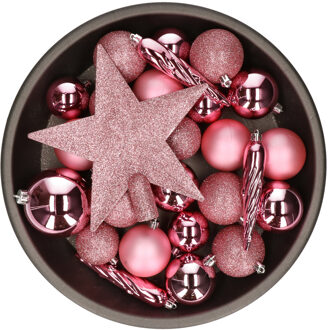 Decoris kerstballen set - 34-dlg - lippenstift roze - incl. piek - kunststof - kerstversiering