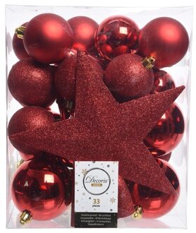 Decoris kerstballen set - 34-dlg - rood - incl. piek - kunststof - kerstversiering