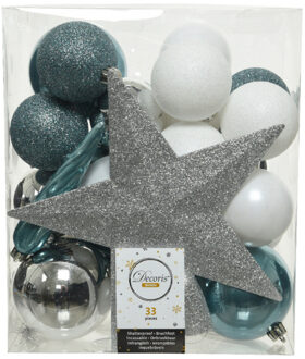 Decoris kerstballen set - 34-dlg - zilver/ijsblauw/wit - incl. piek - kunststof - kerstversiering