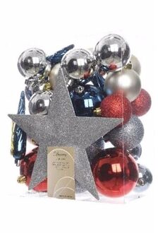 Decoris kerstballen set - 34-dlg - zilver/rood/blauw - incl. piek - kunststof - kerstversiering