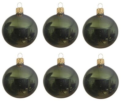 Decoris Kerstballen set - 6x stuks - donker groen - glas - 6 cm - glans - kerstversiering - gouden ophanglintje - Kerstb