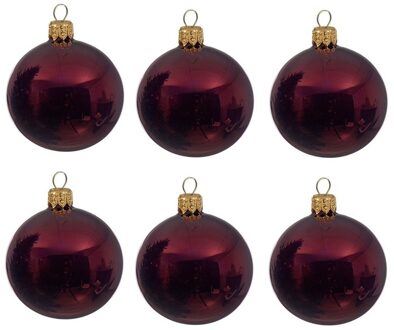 Decoris Kerstballen set - 6x stuks - donker rood - glas - 6 cm - glans - kerstversiering - gouden ophanglint
