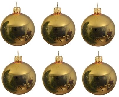 Decoris Kerstballen set - 6x stuks - goud - glas - 6 cm - glans - kerstversiering - met gouden ophanglintje - Kerstbal Goudkleurig