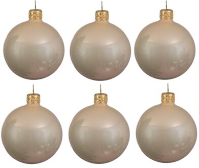 Decoris Kerstballen set - 6x stuks - parel/champagne - glas - 6 cm - glans - met gouden ophanglintje - Kerstbal Champagnekleurig