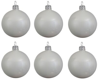 Decoris Kerstballen set - 6x stuks - wit - glas - 6 cm - glans - kerstversiering - zilveren ophanglintje - Kerstbal