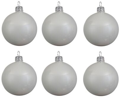 Decoris Kerstballen set - 6x stuks - wit - glas - 6 cm - glans - kerstversiering - zilveren ophanglintje
