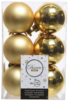 Decoris Kerstballen - Set van 12x stuks - goud - 6 cm - kunststof - mat/glans