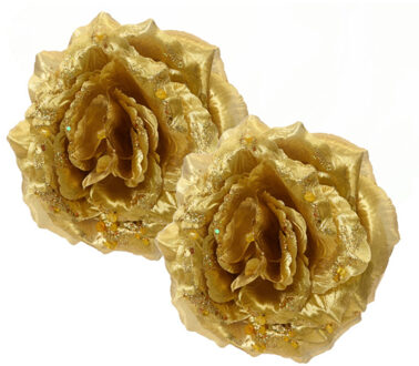 Decoris Kerstboom bloemen - 2x st - goud - 14 cm - op clip - Kersthangers Goudkleurig