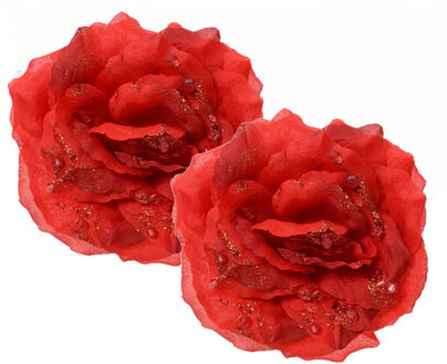 Decoris Kerstboom bloemen - 2x st - rood - 14 cm - op clip - kerstrozen - Kersthangers