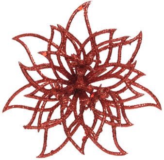 Decoris Kerstboom decoratie bloemen - kerstster - rood glitters - op clip - 14 cm - kerstversiering
