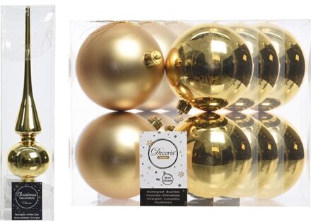 Decoris Kerstboom decoratie goud piek en 12x kerstballen 10 cm - Kerstbal Goudkleurig