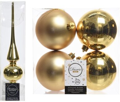Decoris Kerstboom decoratie goud piek en 4x kerstballen 10 cm