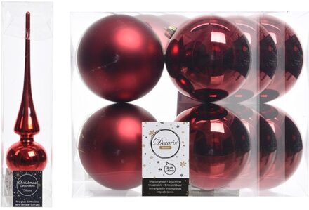 Decoris Kerstboom decoratie rood piek en 12x kerstballen 10 cm - Kerstbal