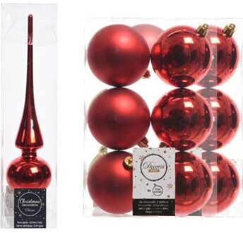 Decoris Kerstboom decoratie rood piek en 12x kerstballen 8 cm