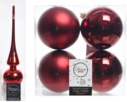 Decoris Kerstboom decoratie rood piek en 4x kerstballen 10 cm