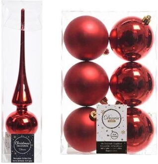 Decoris Kerstboom decoratie rood piek en 6x kerstballen 8 cm - Kerstbal