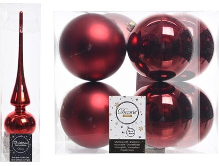 Decoris Kerstboom decoratie rood piek en 8x kerstballen 10 cm
