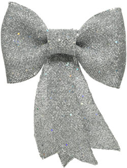 Decoris Kerstboom decoratie strikje - zilver - 14 cm - glitter pailletten - kerstornamenten