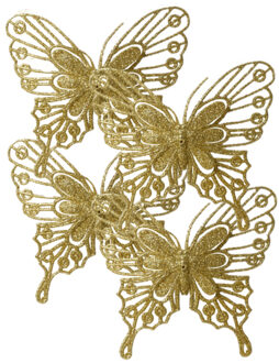 Decoris Kerstboom decoratie vlinders op clip - 4x - goud - 13 cm - glitter