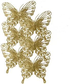 Decoris Kerstboom decoratie vlinders op clip - 6x - goud - 13 cm - glitter