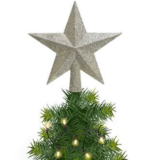 Decoris kerstboom piek - 1x - ster vorm - champagne - glitter - 19 cm - kunststof - kerstpiek